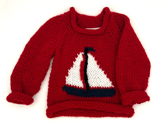 12 M Red Acrylic Knit Sweater with Sailboat