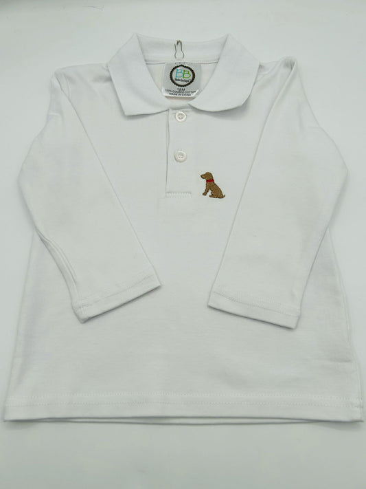 12 M - Polo Shirt Long Sleeve White w/Embroidered Dog