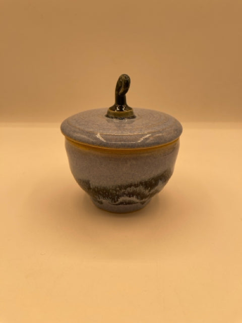 Covered Stoneware Sugar Bowl With Blue Glaze