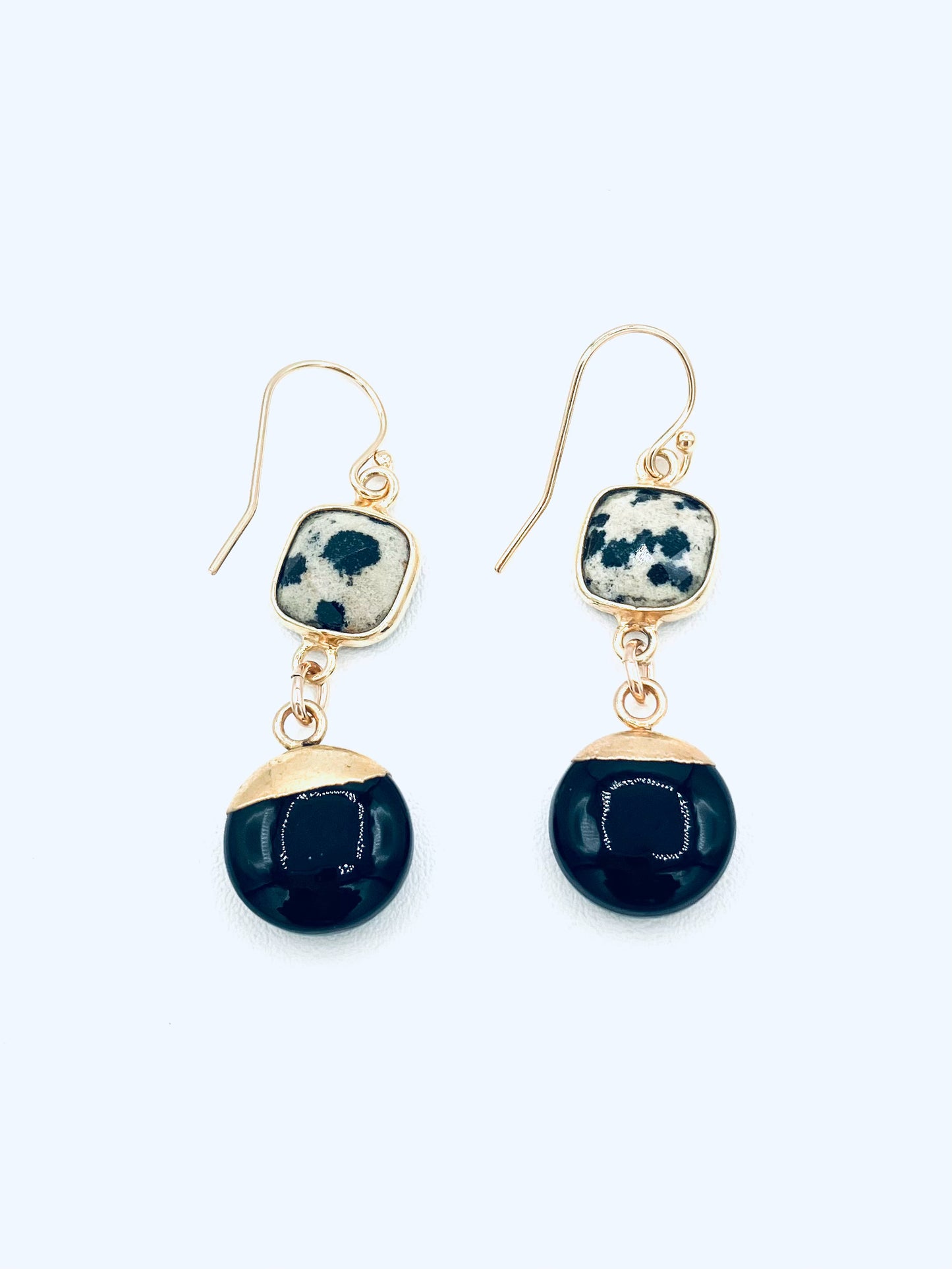 Black Onyx Coin dipped in Vermeil with Polka Dot Agate Drop