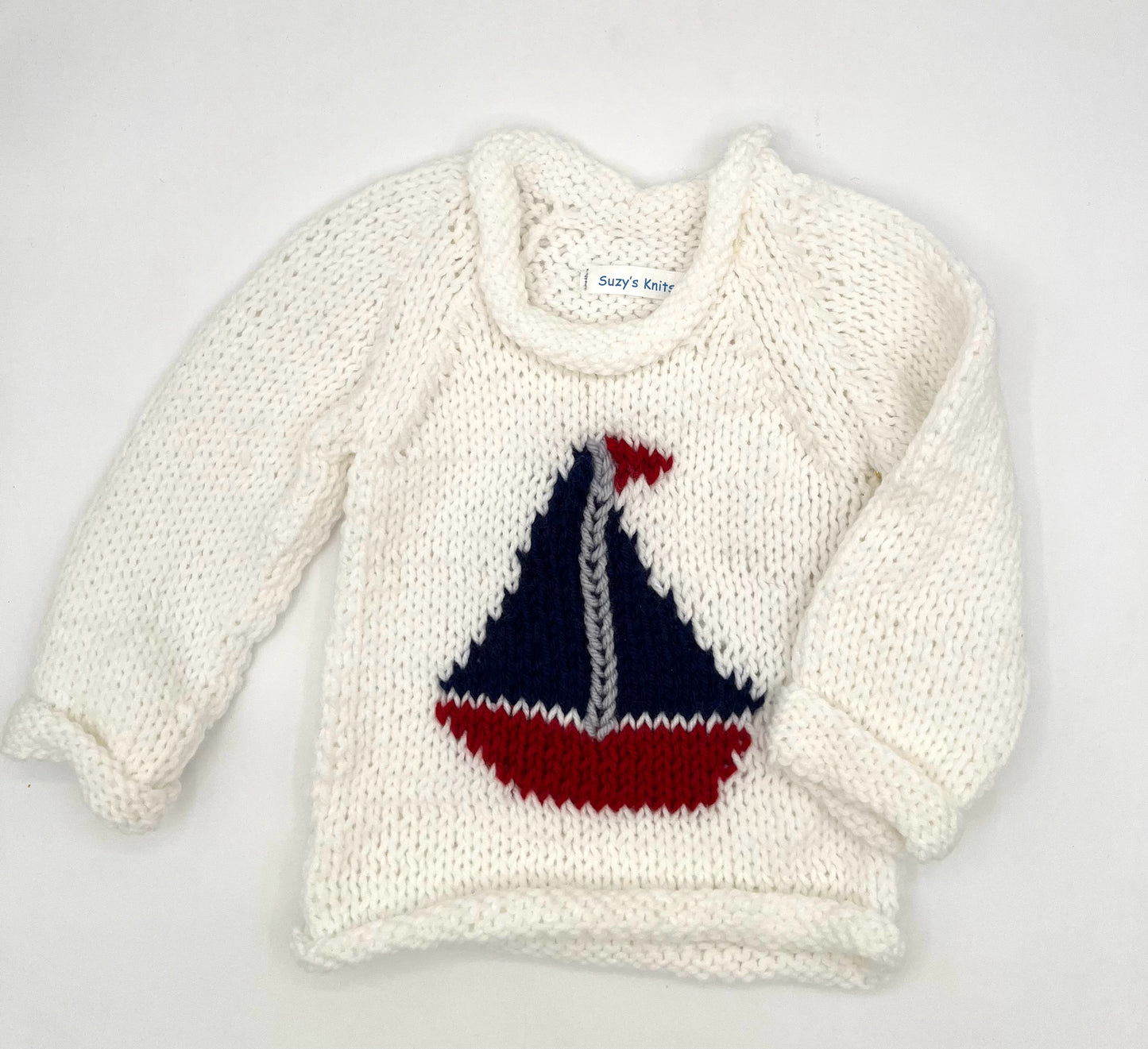 12 M White  Acrylic Knit Sweater with Sailboat