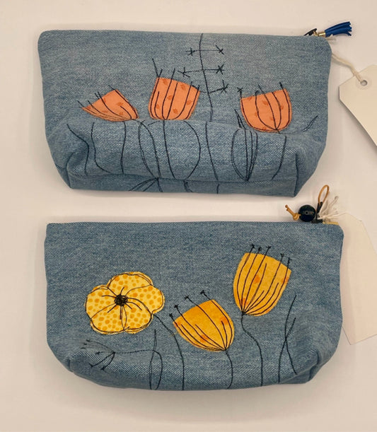 Denim Lined Zipper Pouch with Flower Applique