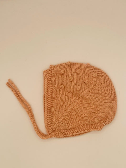 0-6 M Peach Alpaca Knit Baby Bonnet with Bobbles and tie