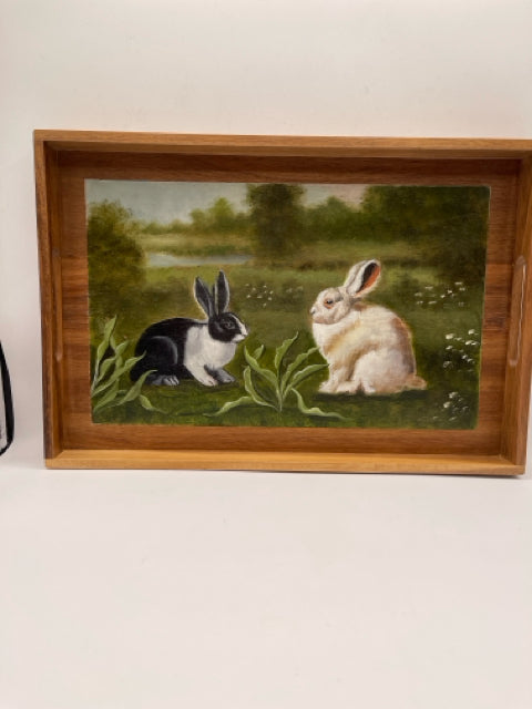 Handpainted Wood Tray With Picture of Two Bunnies