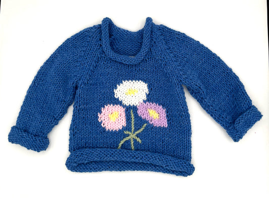 12 M Denim Blue Acrylic Knit Sweater with Flowers