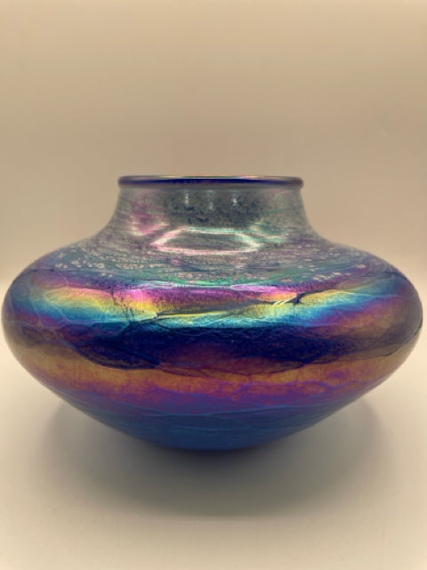 Low Blue Lusterware Handblown Glass Vase