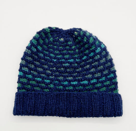 L Blue Brick Pattern with Brim Wool Knit Hat