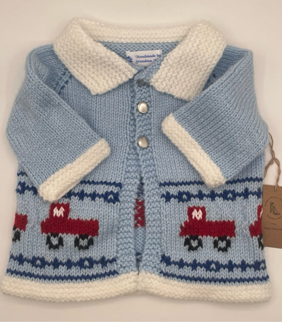 3-6 M Light Blue with Red Truck Knit Cardigan