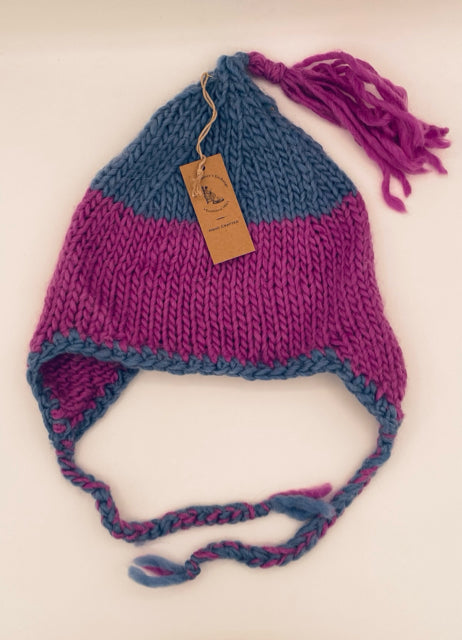 Adult Small Magenta and Blue Wool Blend Ear Flap Hat with Tassle