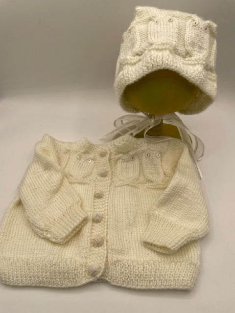 6-12 M Cream Acrylic Owl Knit Cardigan And Hat Set