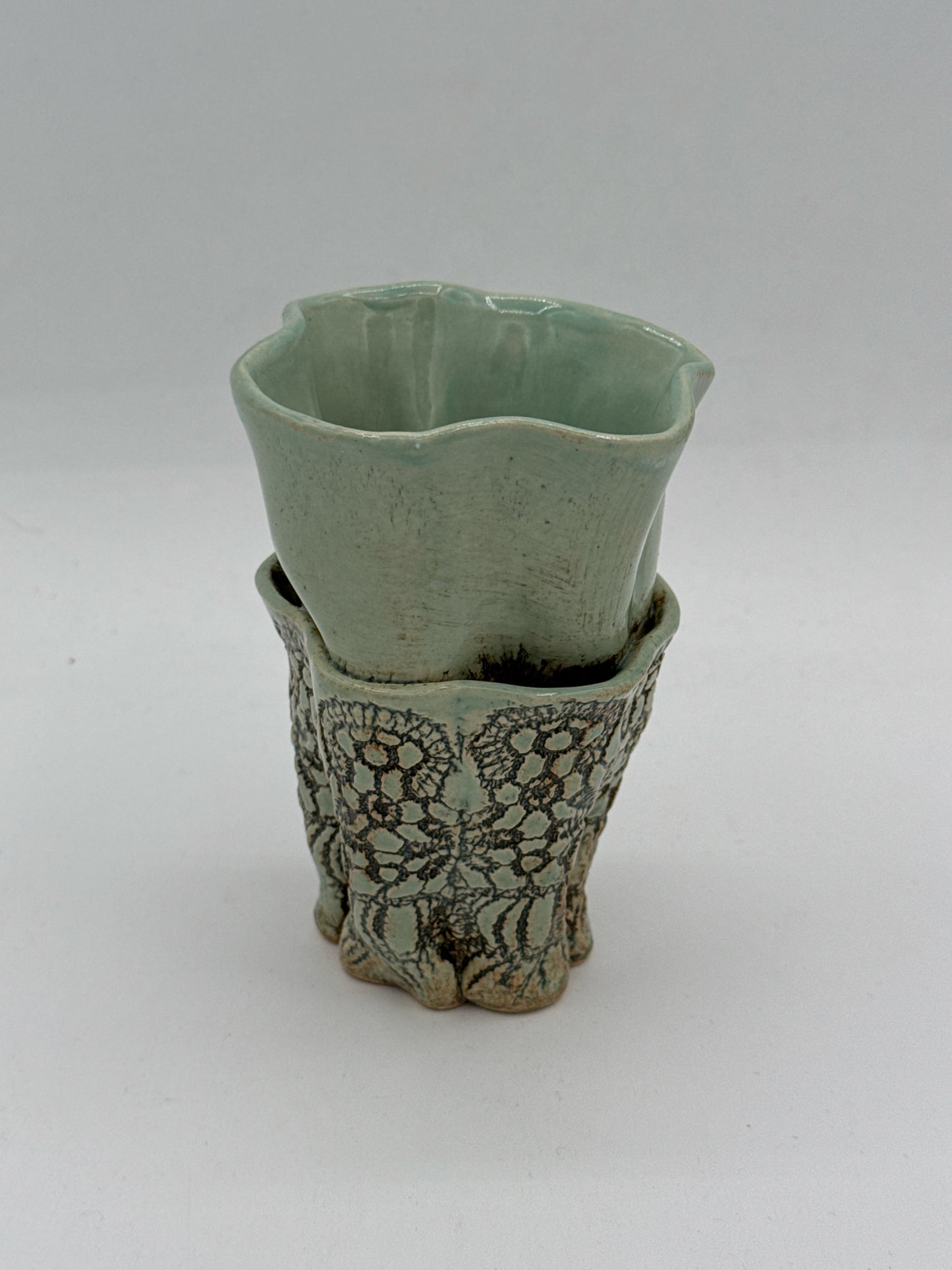 Layered Vase In Mint With Inlaid Lace Design