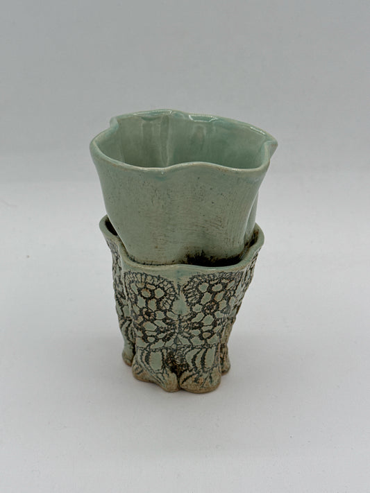 Layered Vase In Mint With Inlaid Lace Design