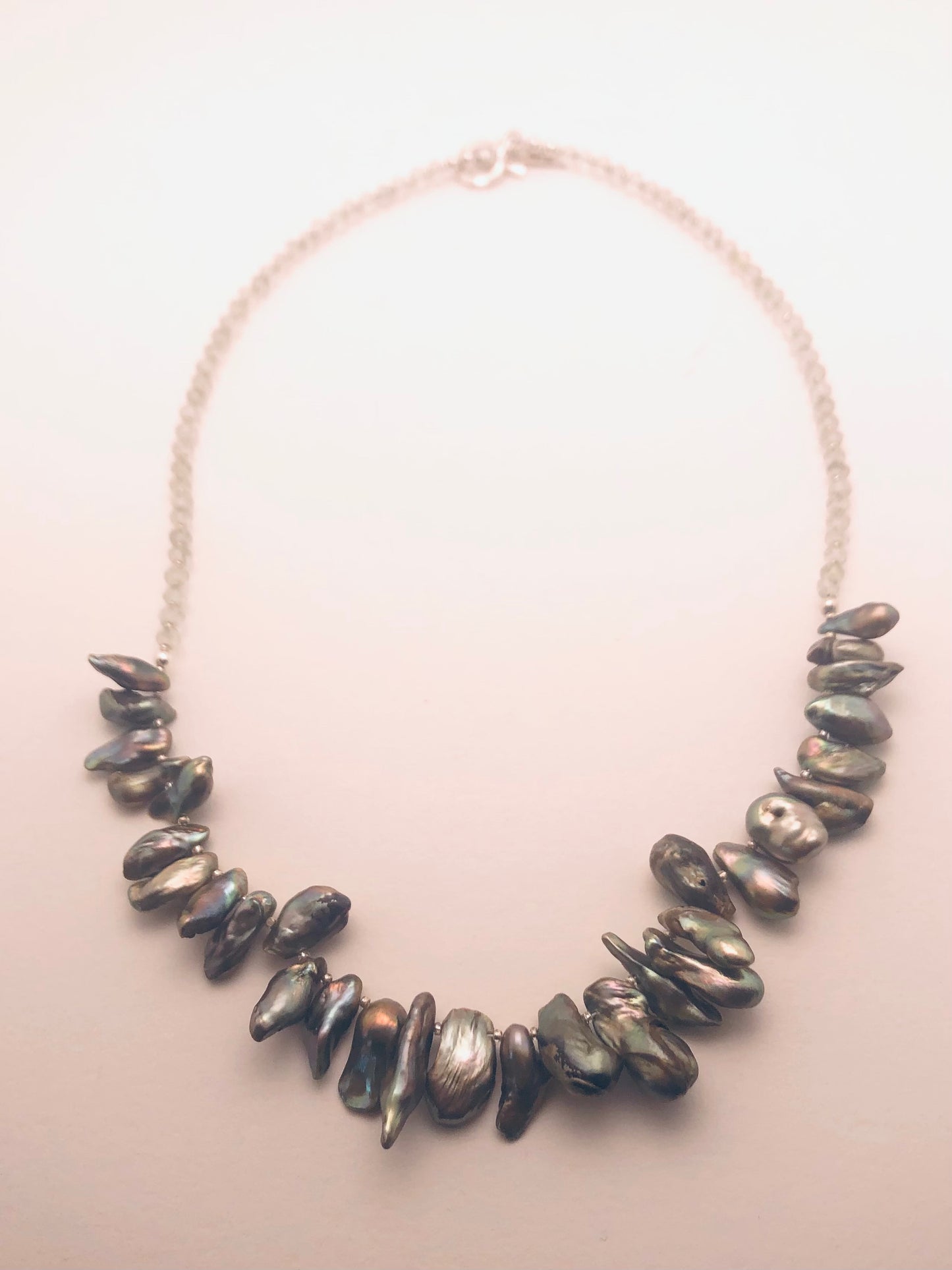 Olive Blister Pearl, Green Amethyst, Hill Tribe Silver Necklace