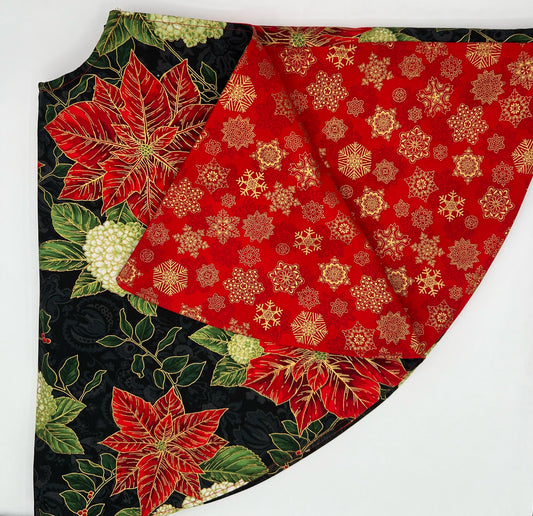 Poinsetta & Hydrangea on Black Tree Skirt