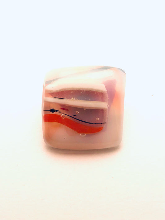 Fused Glass Pin, rectangular, white with orange and white stripes