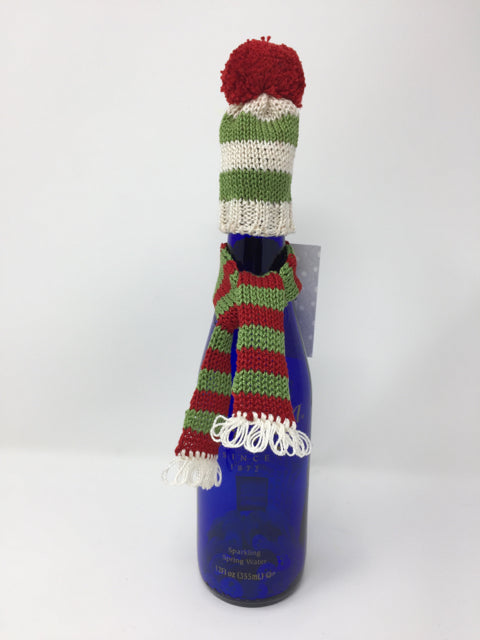 Bottle Topper Green Striped Knit Hat and Scarf