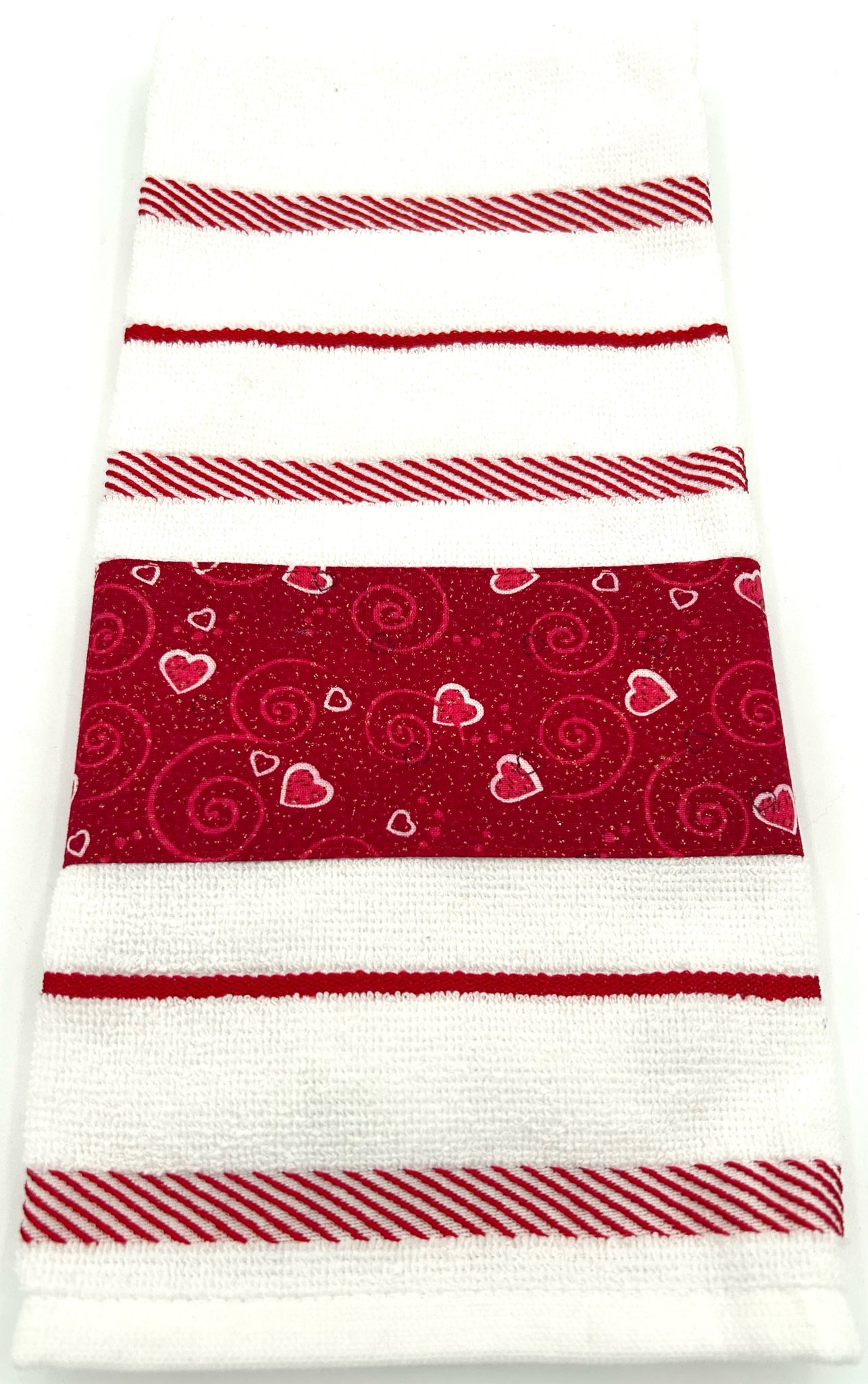 Towel - White w/Red Stripes, Hearts