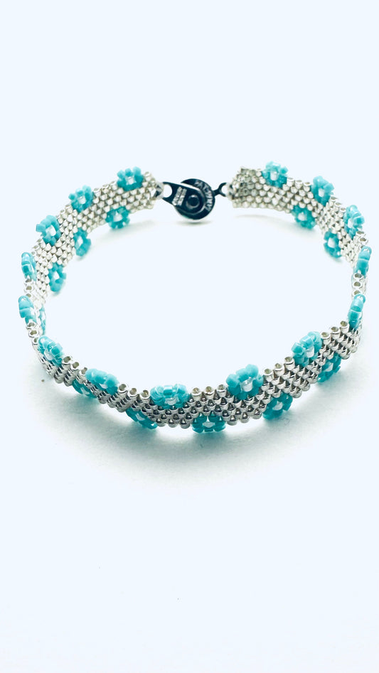 Beaded Flower Edge Bracelet, Turquoise and Silver