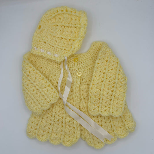 12-18 M Yellow Acrylic Crochet Cardigan with Bonnet