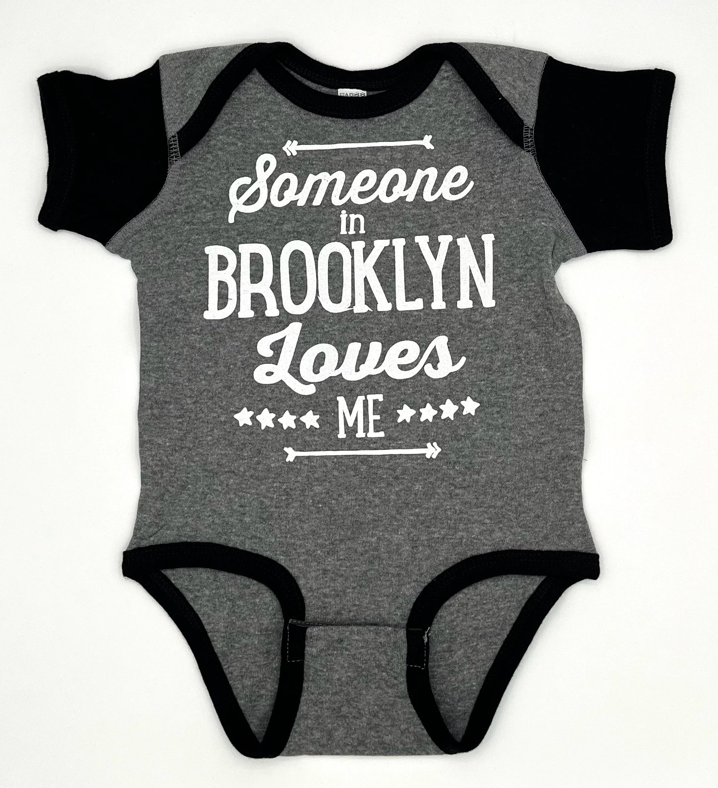 Someone in Brooklyn loves me Onesie 12M Black/Gray raglan sleeves