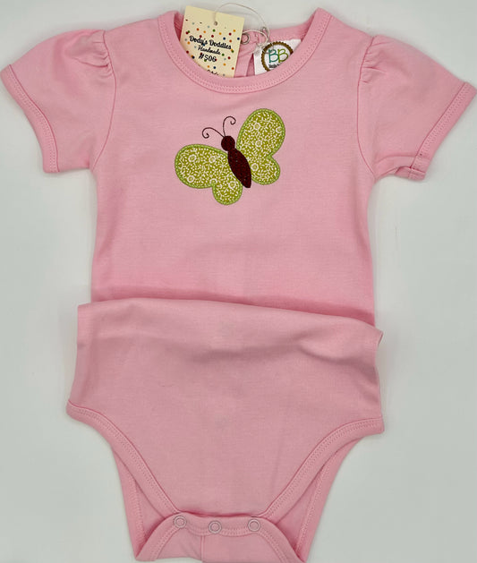 12 M Onsie - Pink w/Green Butterfly Applique