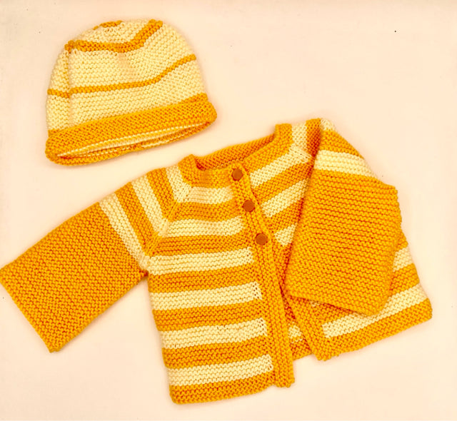 12-24 M Yellow and Cream Stripe Acrylic Cardigan Set with Beanie