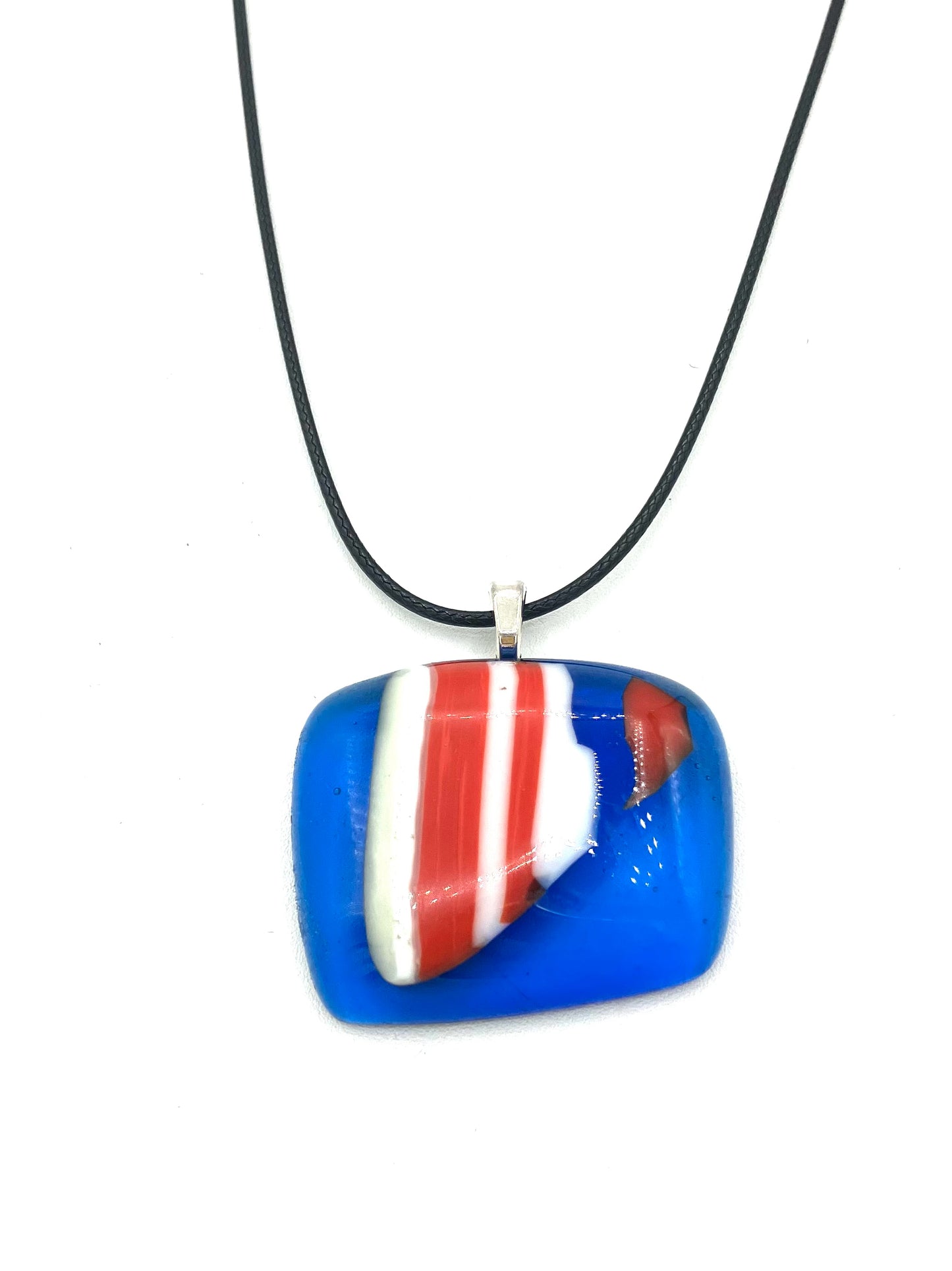 Necklace with Fused Glass Pendant, Large Pendant, Blue with Stripes