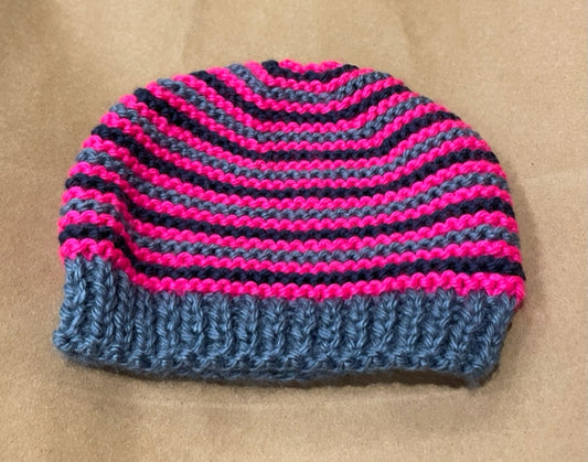 0-6 M Fuschia and Slate Stripe Acrylic Beanie