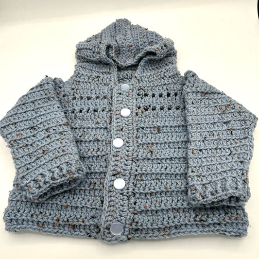 18-24 M Light Blue Tweed Acrylic Crochet Cardigan with Hood