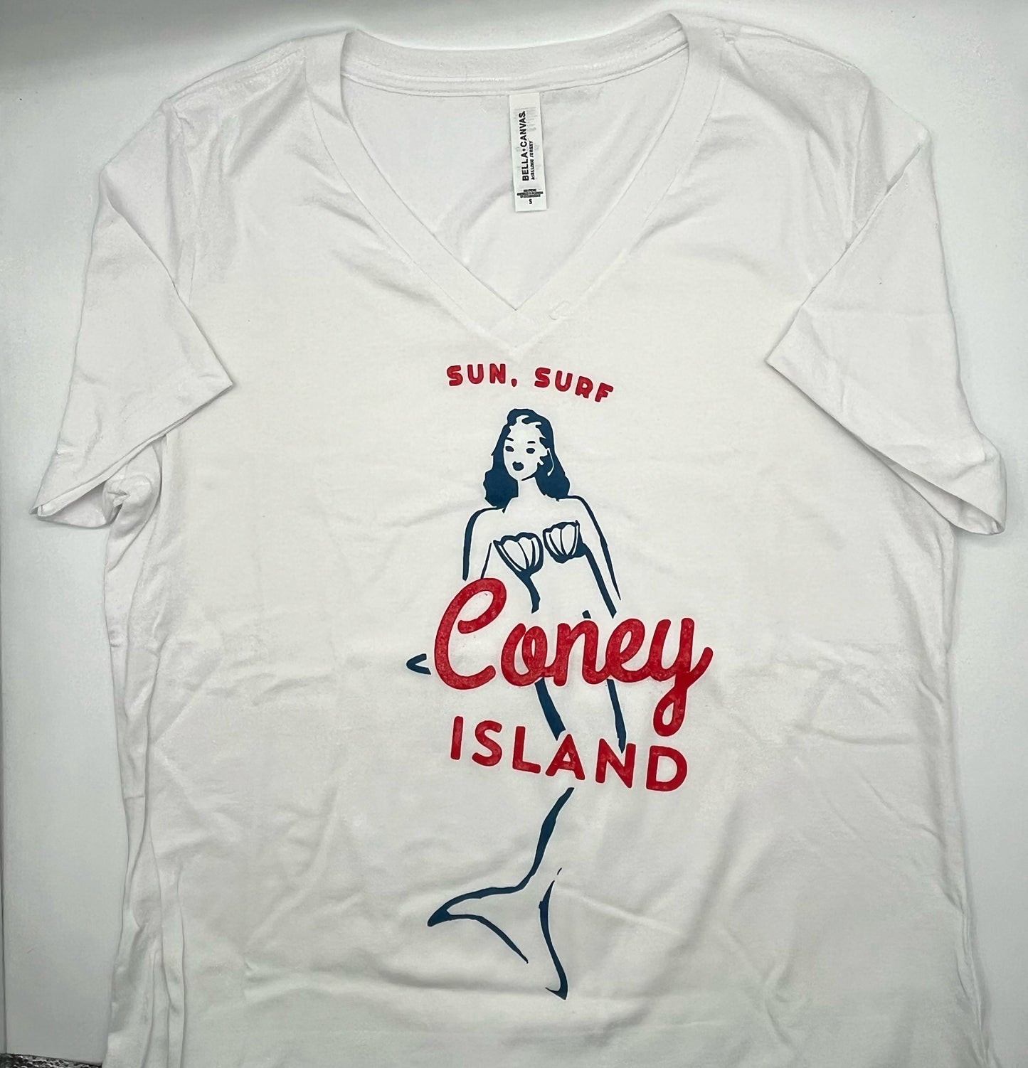 V-neck Coney Island Mermaid T-shirt Adult S White