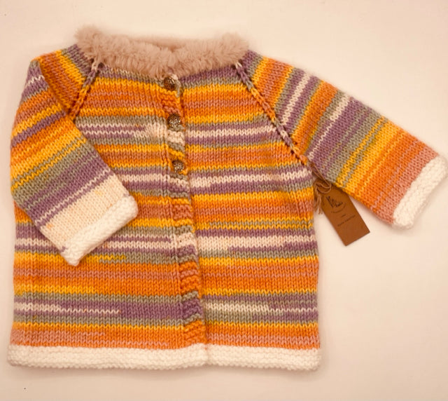 12 M Pastel Stripe Acrylic Knit Cardigan with Faux Fur Collar