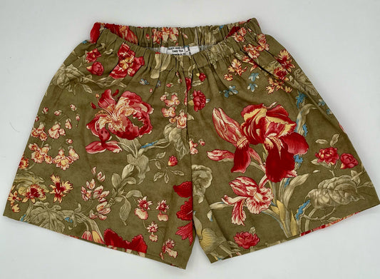 2-3 Y Camp Shorts - Khaki w/Red Flower Motif Vintage Material