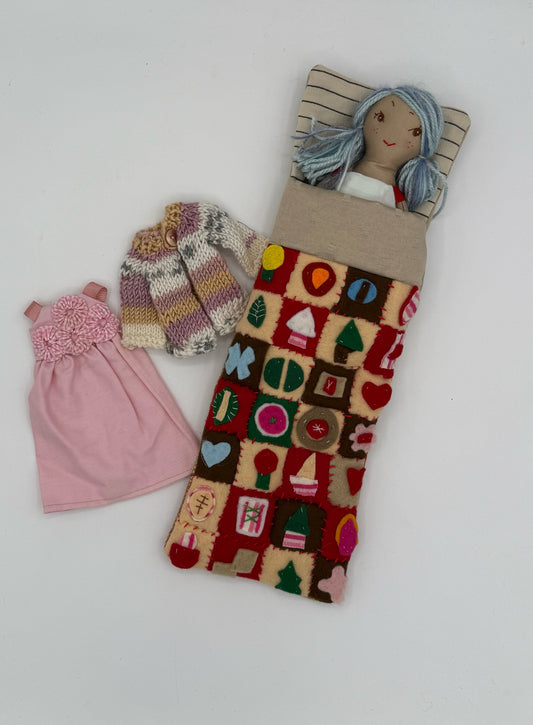 13" Doll in Sleeping Bag with Three Outfits