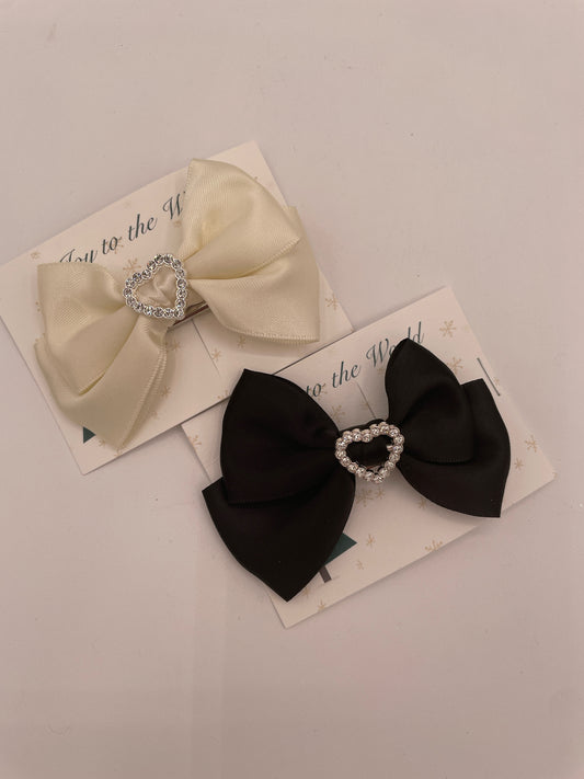 Satin Bow Hairclip with Heart Embellishment