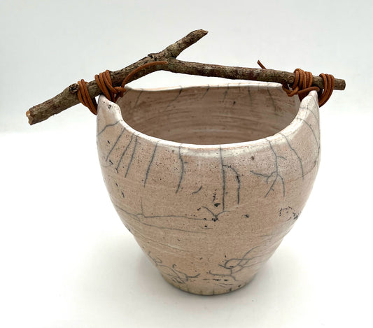 Raku Off White Crackle Glaze Basket With Driftwood Handle