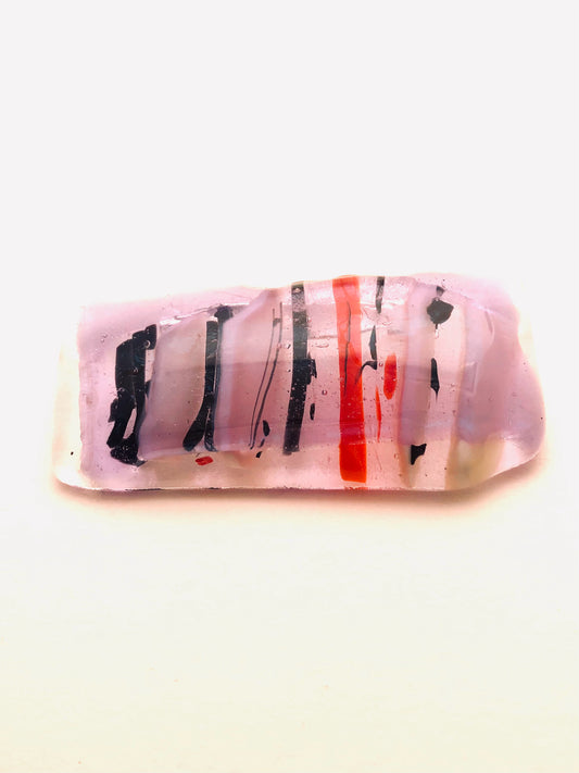 Fused Glass Pin, large, rectangular, clear with purle and red