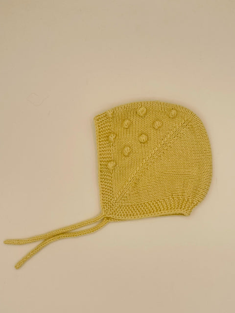 0-3 M Lemon Wool and Bamboo Knit Baby Bonnet with Bobbles and tie