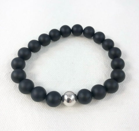 Men's Bracelet, Black Onyx with Sterling Silver Bead