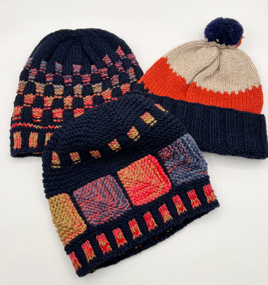 M/L Blue, Orange and Beige Cashmere Superfine Wool Knit Beanie