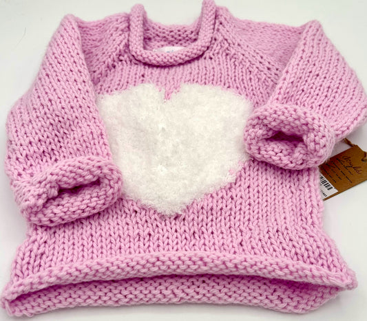 12 M Pink Acrylic Knit Sweater with Fuzzy White Heart