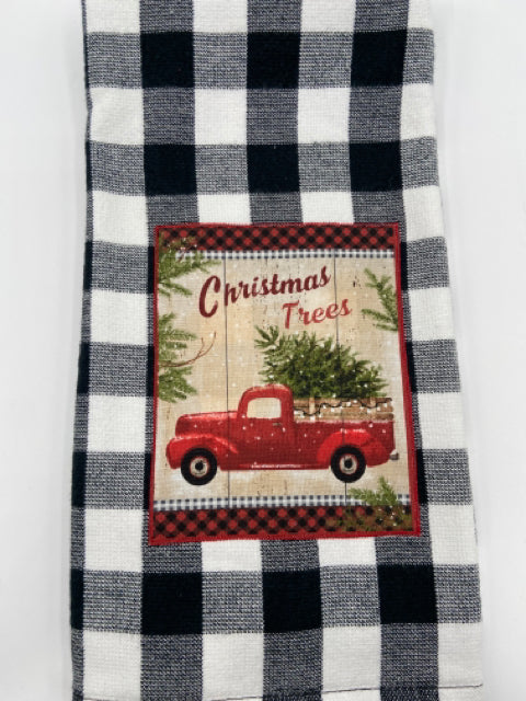 Black/White Checked Towel with Red Pickup and Evergreen Trim