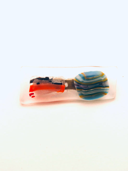 Fused Glass Pin,  small, rectangular, clear with blue and orange