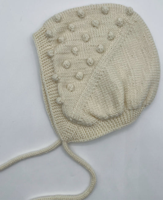 2-5 Y Cream Merino Wool Knit Baby Bonnet with Bobbles