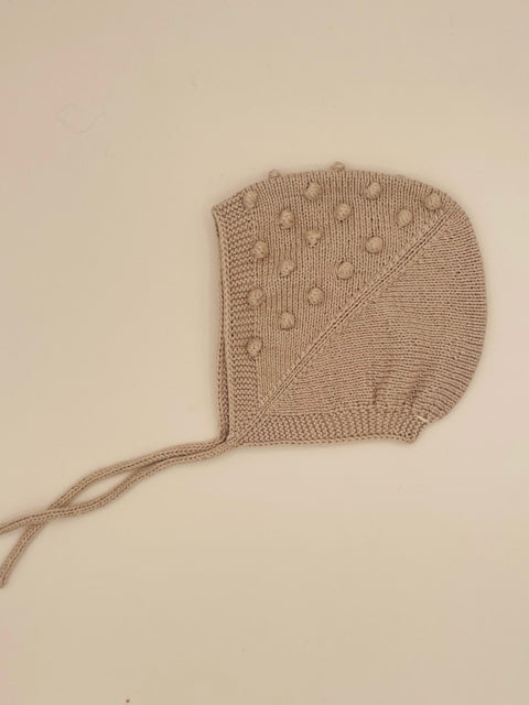 0-3 M Fawn Cotton Knit Baby Bonnet with Bobbles and tie