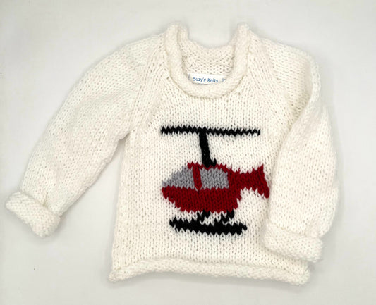 12 M White  Acrylic Knit Sweater with Red Helicopter