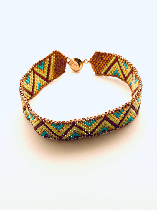 Beaded Chevron Bracelet, Green, Red, Blue, Gold