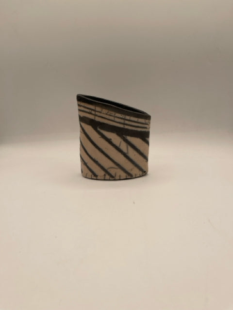 Raku Handbuilt Slanted Vase With Black Stripes