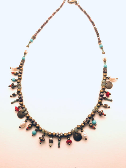 Mixed Metal Necklace with Pearls, Coral and Czech Glass