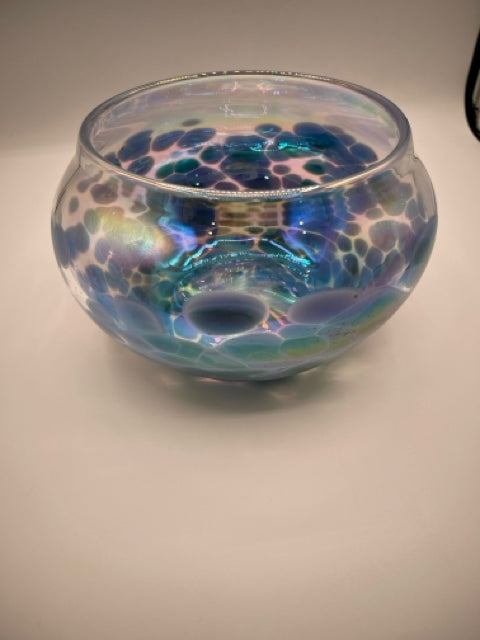 Handblown Glass Bowl With Blue Irridescent  Design