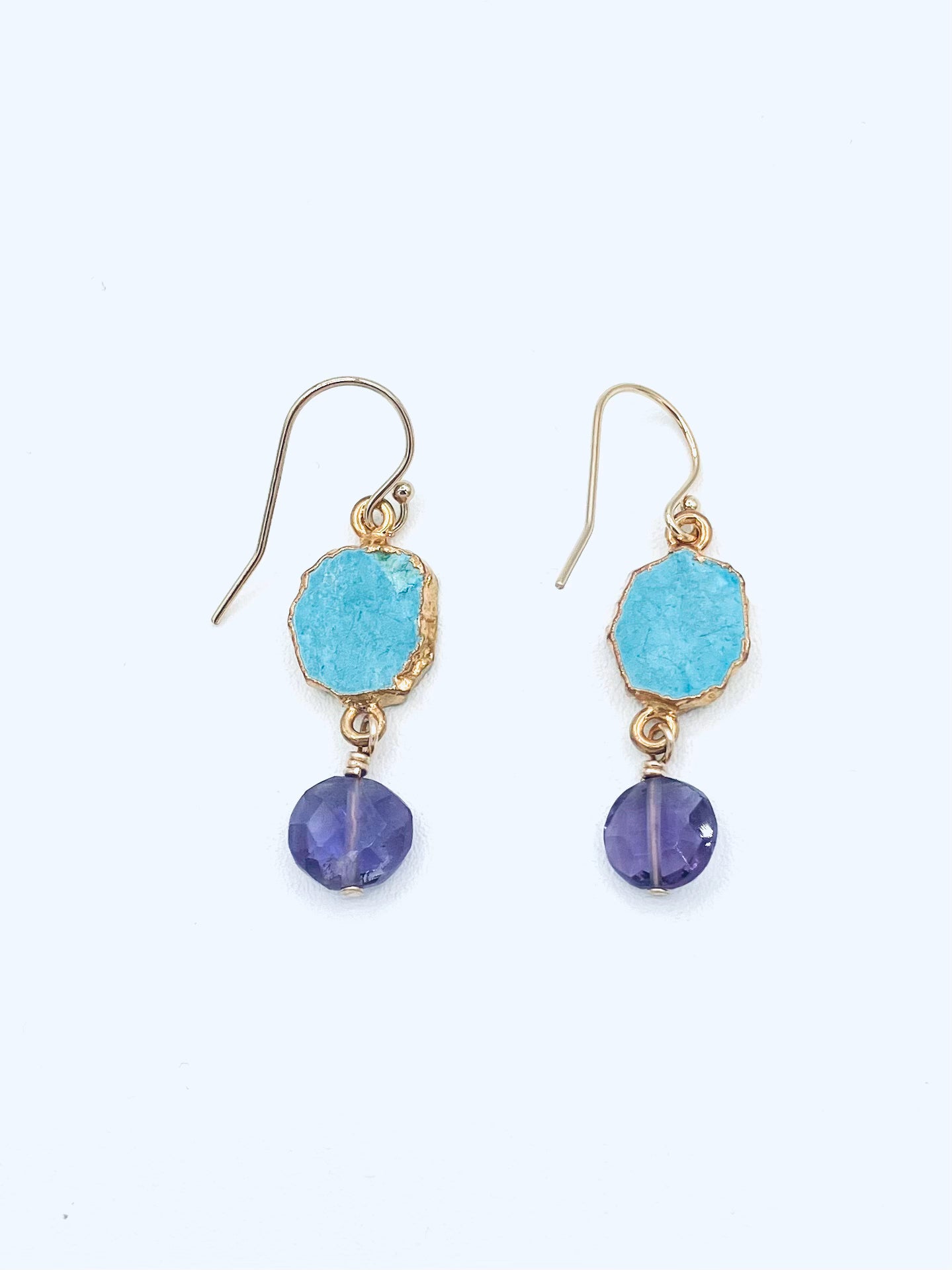 Earrings with Turquoise, Organic Shape, Wrapped in Vermeil with Amethyst Drop